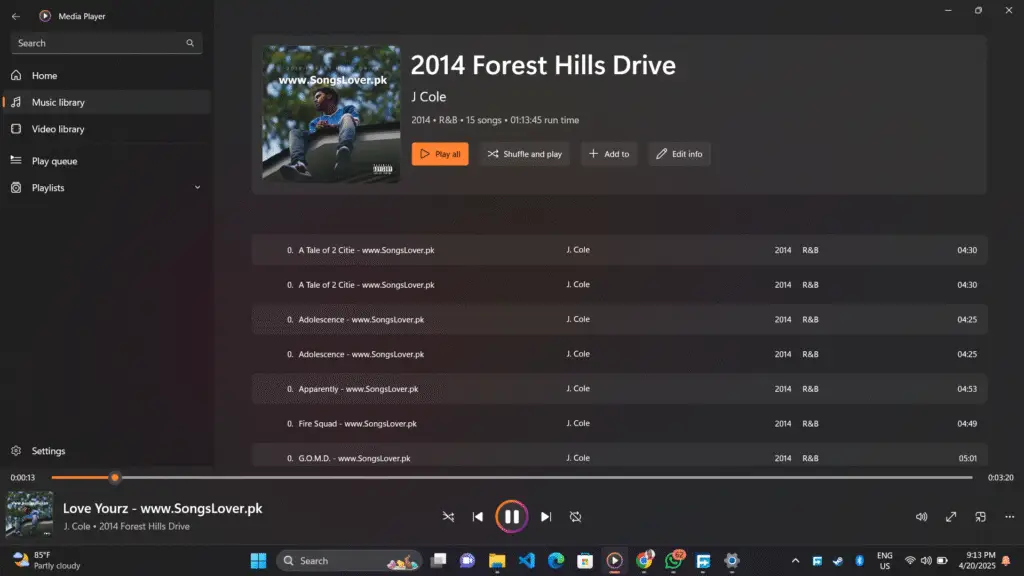 screen shot of media player