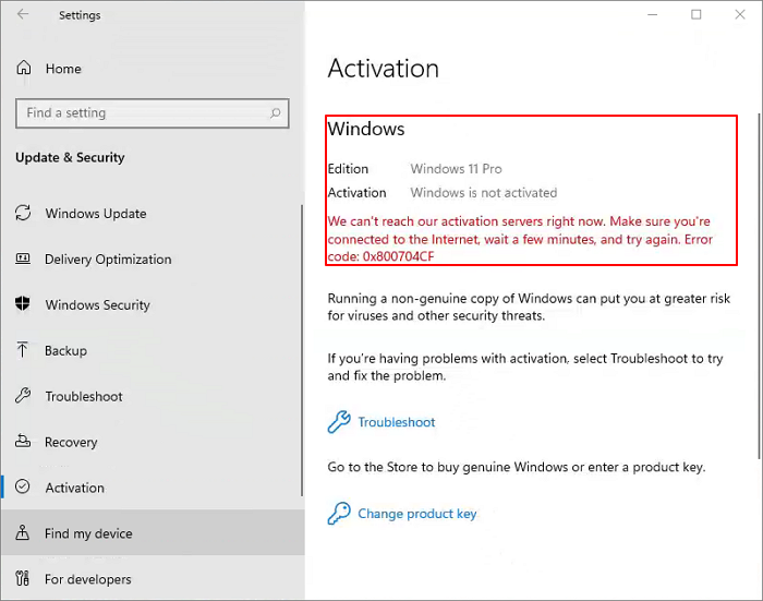 windows pc showing activation error